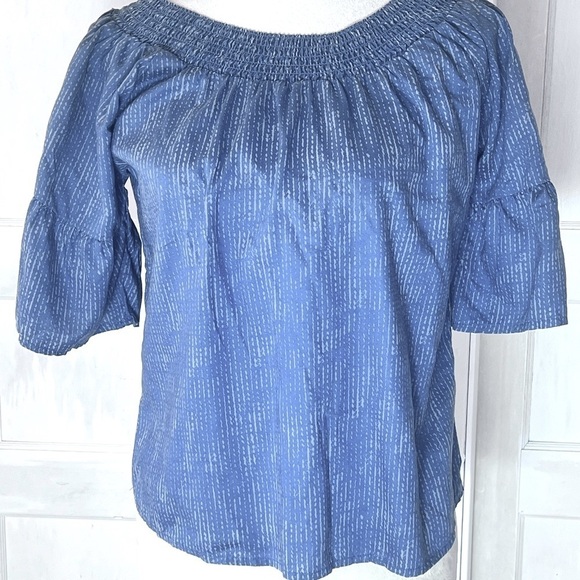 PRANA CHRYSSA OFF THE SHOULDER TOP IN BLUE SPRINKLE RUFFLE SLEEVE SZ S - Picture 2 of 8